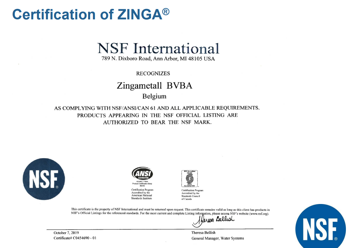 Certificates And Reports Zinga A Film galvanising System
